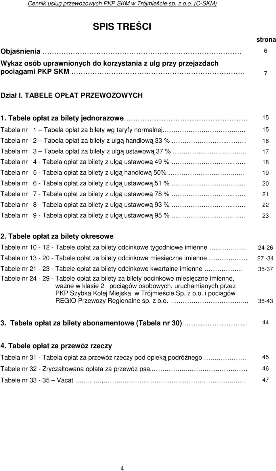 .... 17 Tabela nr 4 - Tabela opłat za bilety z ulgą ustawową 49 %.. 18 Tabela nr 5 - Tabela opłat za bilety z ulgą handlową 50%... 19 Tabela nr 6 - Tabela opłat za bilety z ulgą ustawową 51 %.