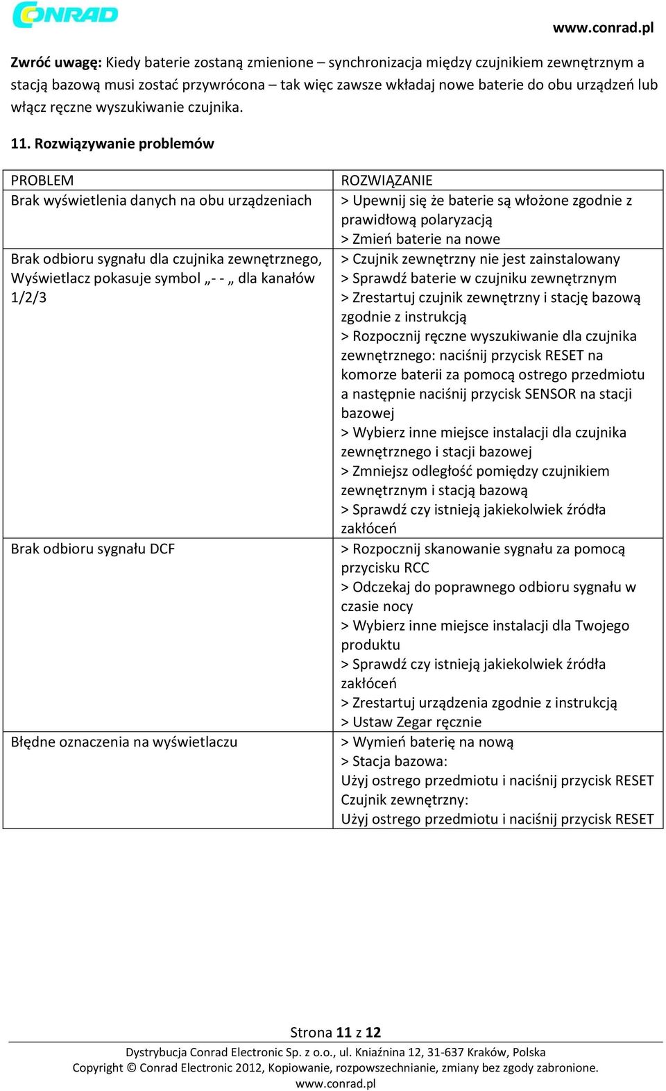 Rozwiązywanie problemów PROBLEM Brak wyświetlenia danych na obu urządzeniach Brak odbioru sygnału dla czujnika zewnętrznego, Wyświetlacz pokasuje symbol - - dla kanałów 1/2/3 Brak odbioru sygnału DCF