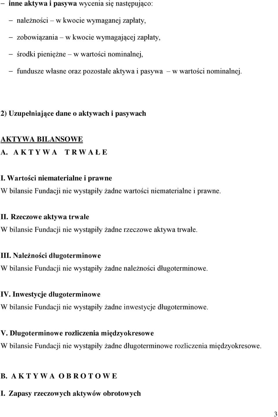 Wartości niematerialne i prawne W bilansie Fundacji nie wystąpiły żadne wartości niematerialne i prawne. II. Rzeczowe aktywa trwałe W bilansie Fundacji nie wystąpiły żadne rzeczowe aktywa trwałe. III.