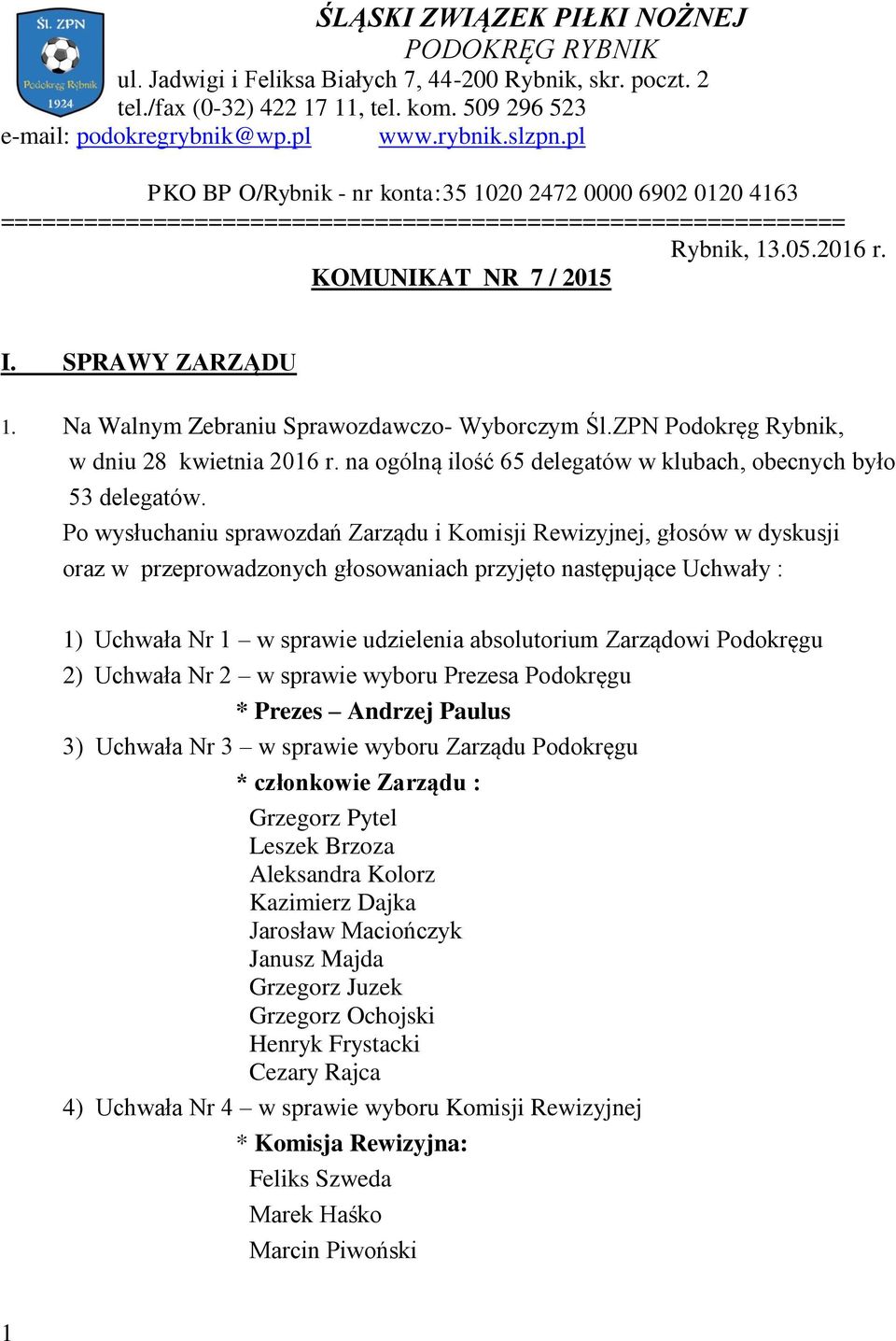 Na Walnym Zebraniu Sprawozdawczo- Wyborczym Śl.ZPN Podokręg Rybnik, w dniu 28 kwietnia 2016 r. na ogólną ilość 65 delegatów w klubach, obecnych było 53 delegatów.