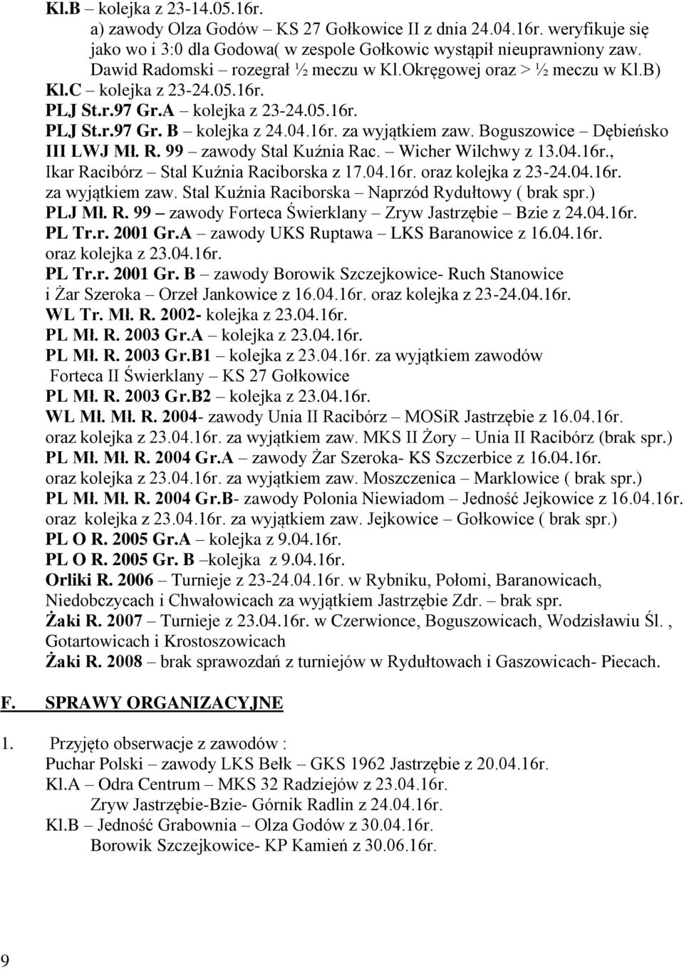 Boguszowice Dębieńsko III LWJ Mł. R. 99 zawody Stal Kuźnia Rac. Wicher Wilchwy z 13.04.16r., Ikar Racibórz Stal Kuźnia Raciborska z 17.04.16r. oraz kolejka z 23-24.04.16r. za wyjątkiem zaw.