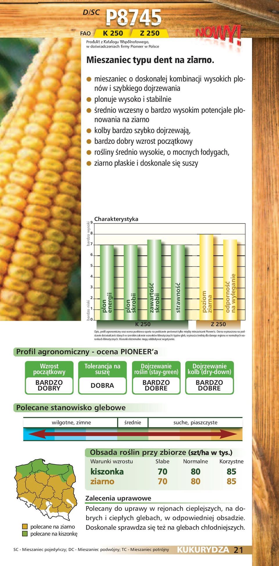 dojrzewają, bardzo dobry wzrost rośliny średnio wysokie, o mocnych łodygach, ziarno płaskie i doskonale się suszy i K i poziom Z roślin (stay-green) kiszonka ziarno