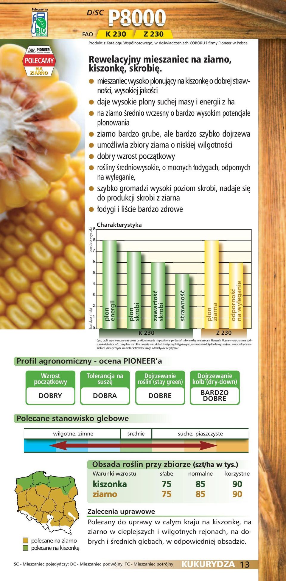 dojrzewa umożliwia zbiory o niskiej wilgotności dobry wzrost rośliny średniowysokie, o mocnych łodygach, odpornych, szybko gromadzi wysoki poziom, nadaje się do produkcji z łodygi i liście bardzo