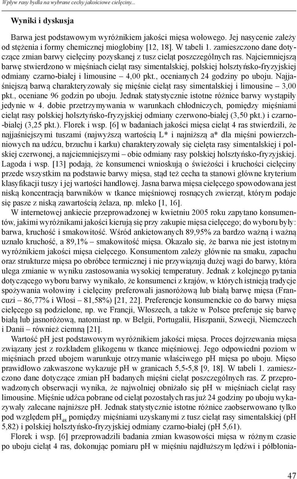 Najciemniejszą barwę stwierdzono w mięśniach cieląt rasy simentalskiej, polskiej holsztyńsko-fryzyjskiej odmiany czarno-białej i limousine 4,00 pkt., ocenianych 24 godziny po uboju.