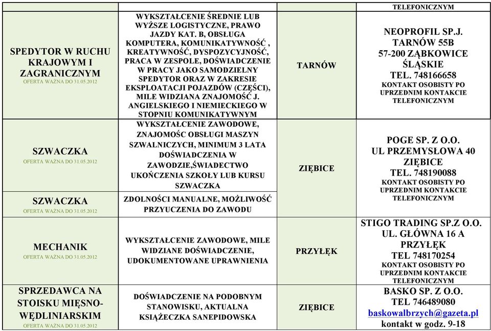 J. ANGIELSKIEGO I NIEMIECKIEGO W STOPNIU KOMUNIKATYWNYM ZNAJOMOŚC OBSŁUGI MASZYN SZWALNICZYCH, MINIMUM 3 LATA DOŚWIADCZENIA W ZAWODZIE,ŚWIADECTWO UKOŃCZENIA SZKOŁY LUB KURSU SZWACZKA ZDOLNOŚCI