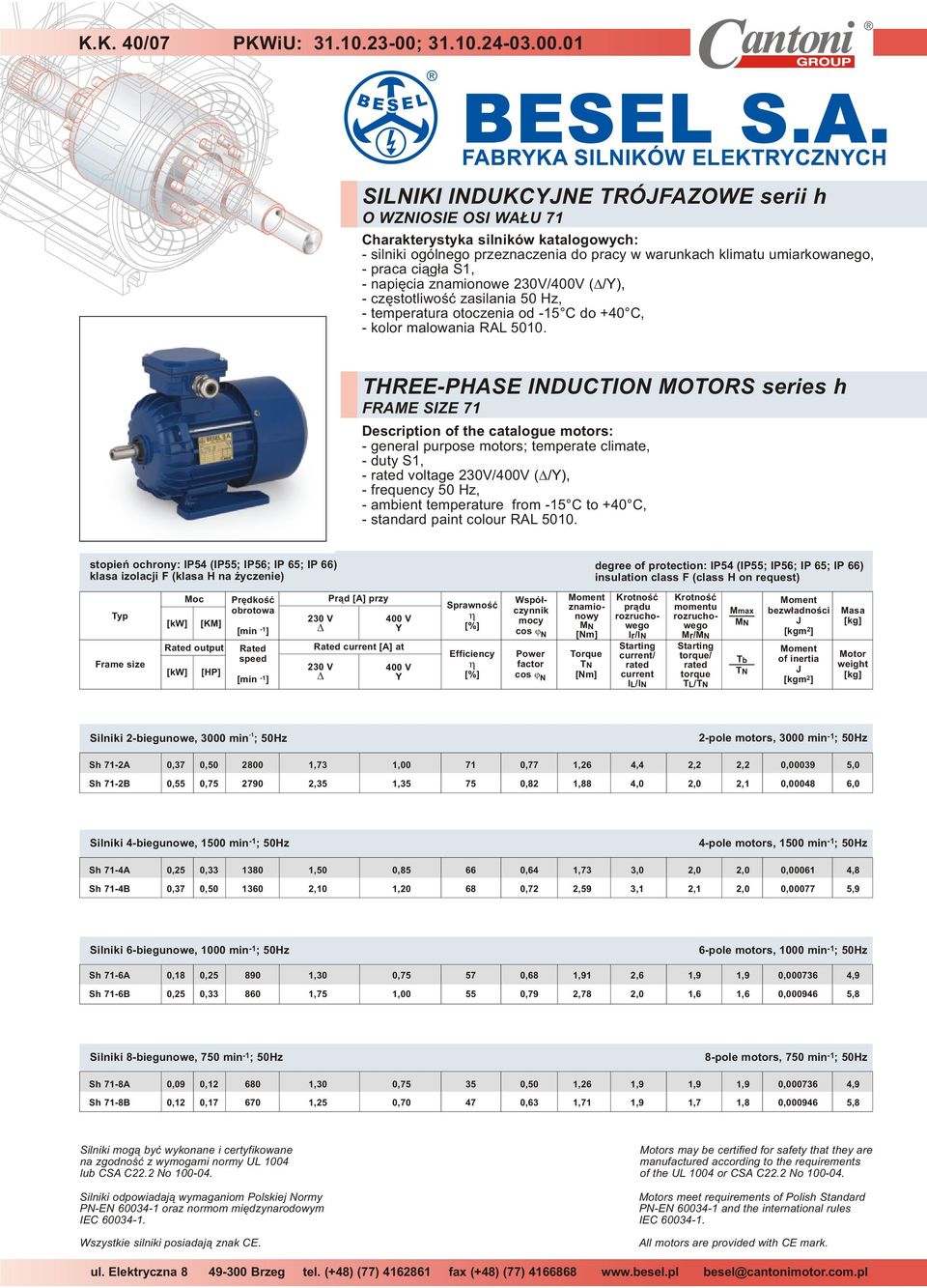 znamionowe 20V/400V (/), czêstotliwoœæ zasilania 50 Hz, temperatura otoczenia od 15 C do +40 C, kolor malowania 5010.