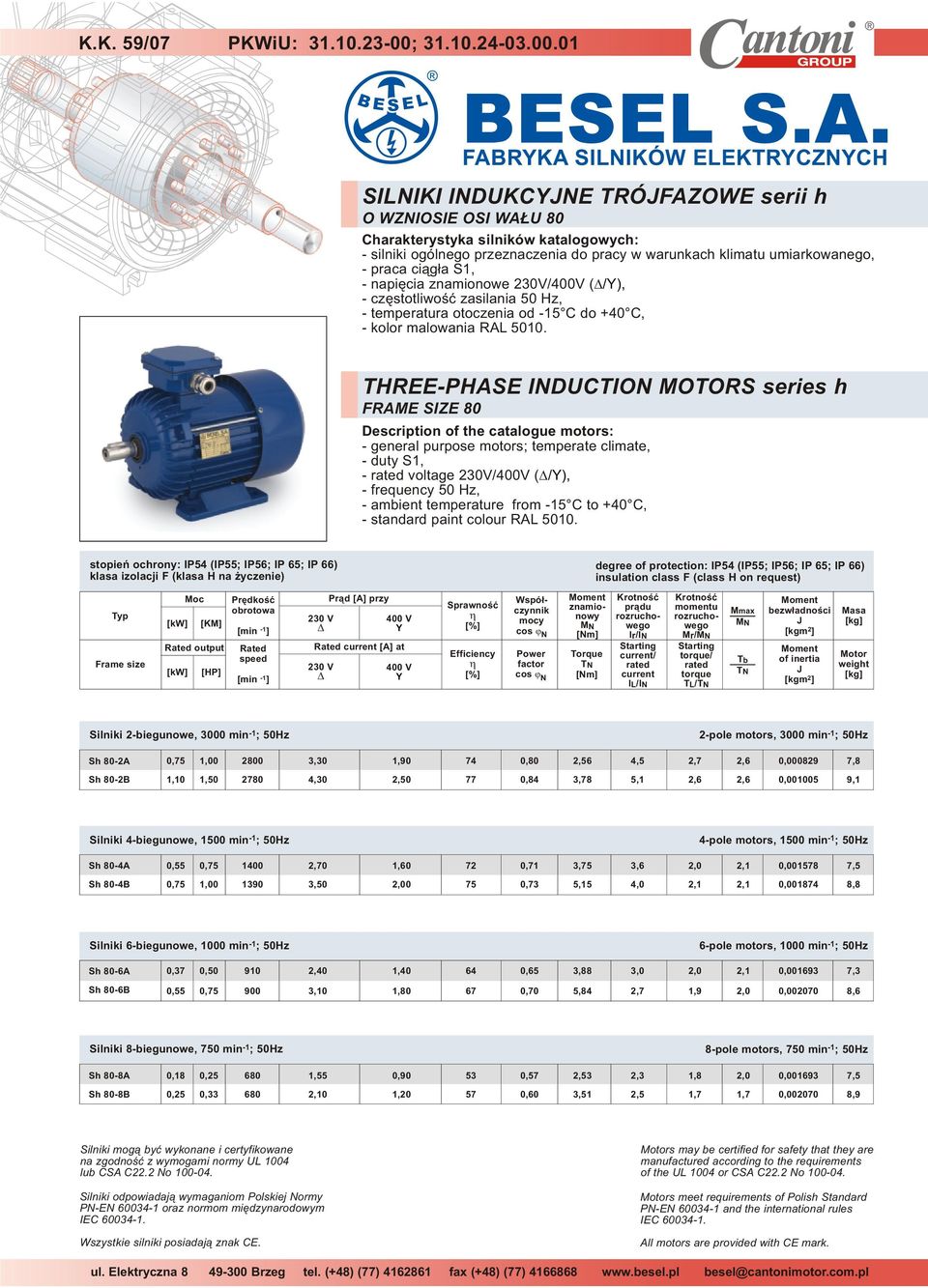 znamionowe 20V/400V (/), czêstotliwoœæ zasilania 50 Hz, temperatura otoczenia od 15 C do +40 C, kolor malowania 5010.