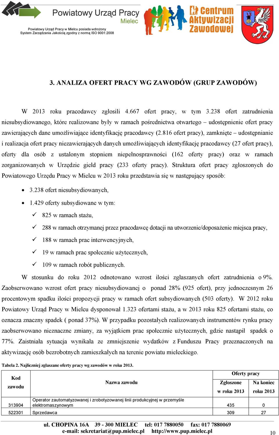 816 ofert pracy), zamknięte udostępnianie i realizacja ofert pracy niezawierających danych umożliwiających identyfikację pracodawcy (27 ofert pracy), oferty dla osób z ustalonym stopniem