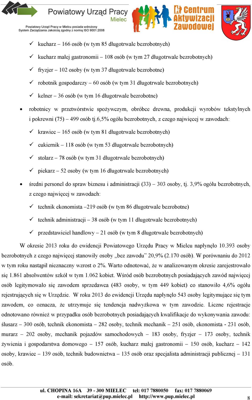tj.6,5% ogółu bezrobotnych, z czego najwięcej w zawodach: krawiec 165 osób (w tym 81 długotrwale bezrobotnych) cukiernik 118 osób (w tym 53 długotrwale bezrobotnych) stolarz 78 osób (w tym 31