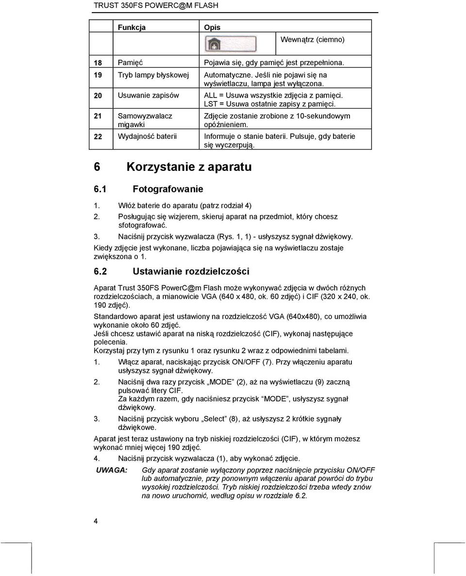22 Wydajność baterii Informuje o stanie baterii. Pulsuje, gdy baterie się wyczerpują. 6 Korzystanie z aparatu 6.1 Fotografowanie 1. Włóż baterie do aparatu (patrz rodział 4) 2.