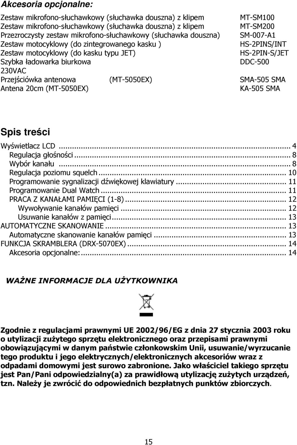 antenowa (MT-5050EX) SMA-505 SMA Antena 20cm (MT-5050EX) KA-505 SMA Spis treści Wyświetlacz LCD... 4 Regulacja głośności... 8 Wybór kanału... 8 Regulacja poziomu squelch.