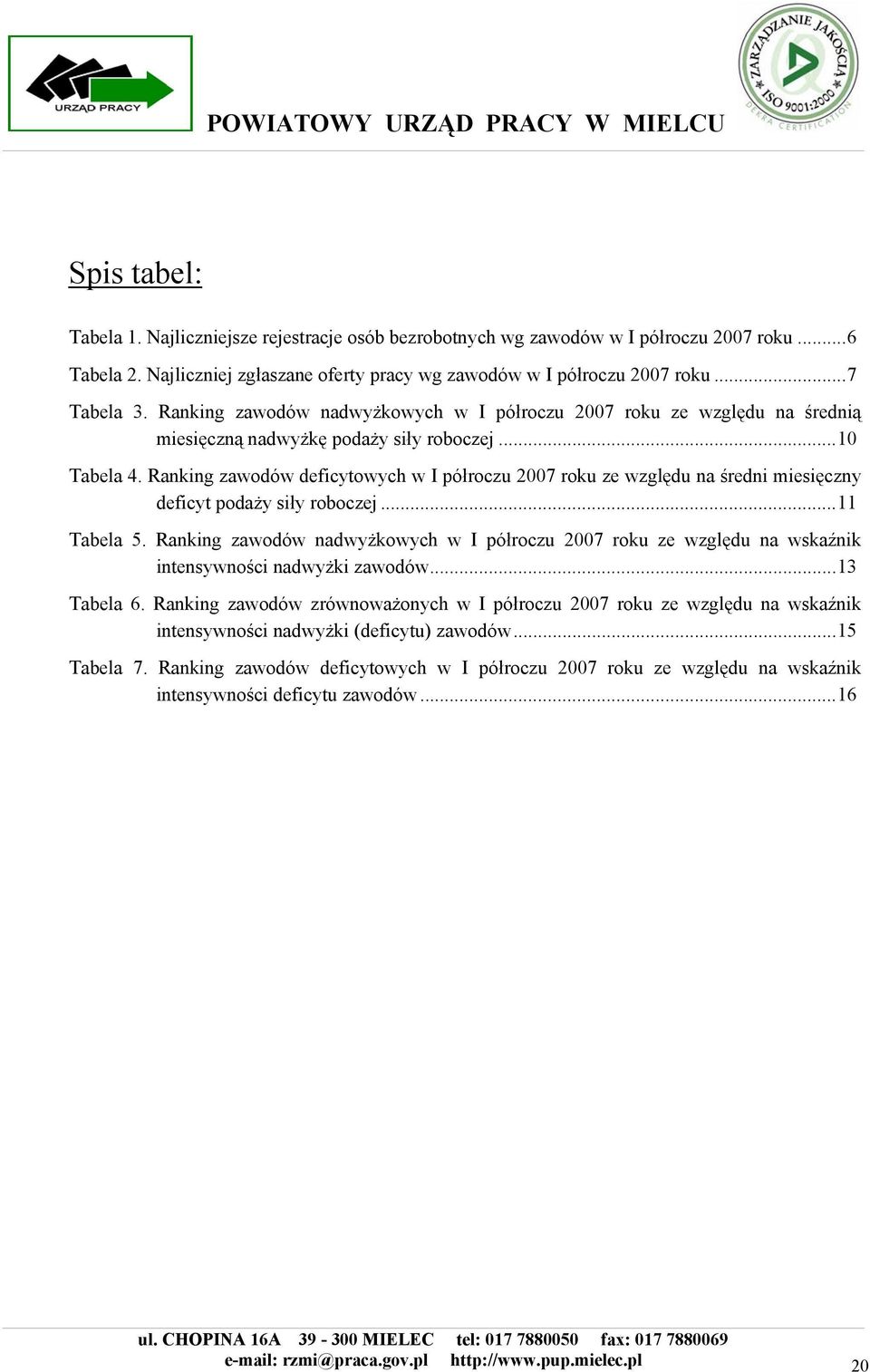 Ranking zawodów deficytowych w I półroczu 2007 roku ze względu na średni miesięczny deficyt podaży siły roboczej...11 Tabela 5.