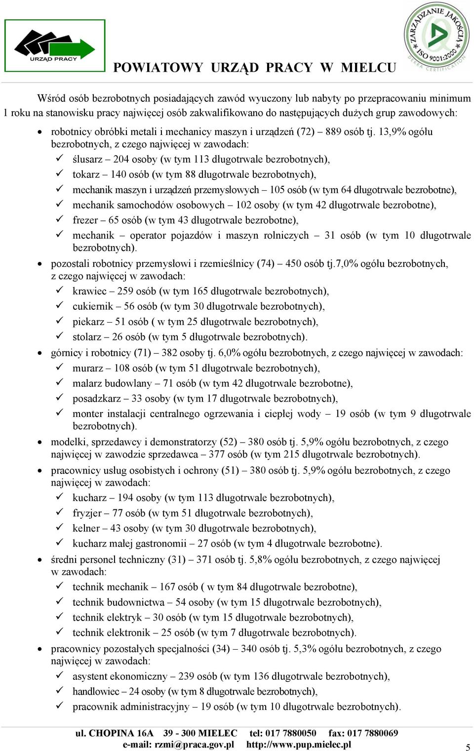 13,9% ogółu bezrobotnych, z czego najwięcej w zawodach: ślusarz 204 osoby (w tym 113 długotrwale bezrobotnych), tokarz 140 osób (w tym 88 długotrwale bezrobotnych), mechanik maszyn i urządzeń