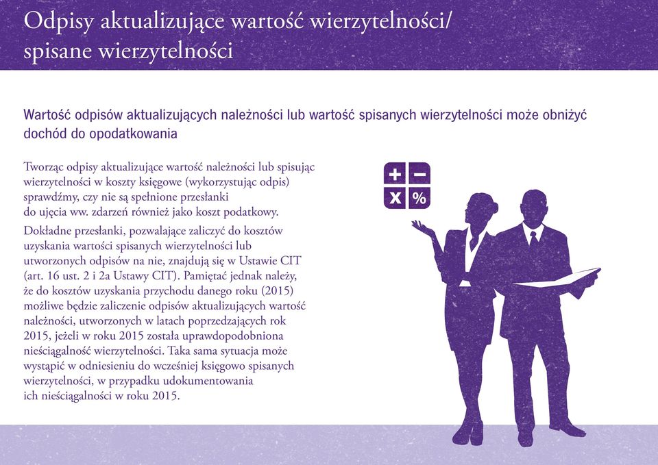 Dokładne przesłanki, pozwalające zaliczyć do kosztów uzyskania wartości spisanych wierzytelności lub utworzonych odpisów na nie, znajdują się w Ustawie CIT (art. 16 ust. 2 i 2a Ustawy CIT).