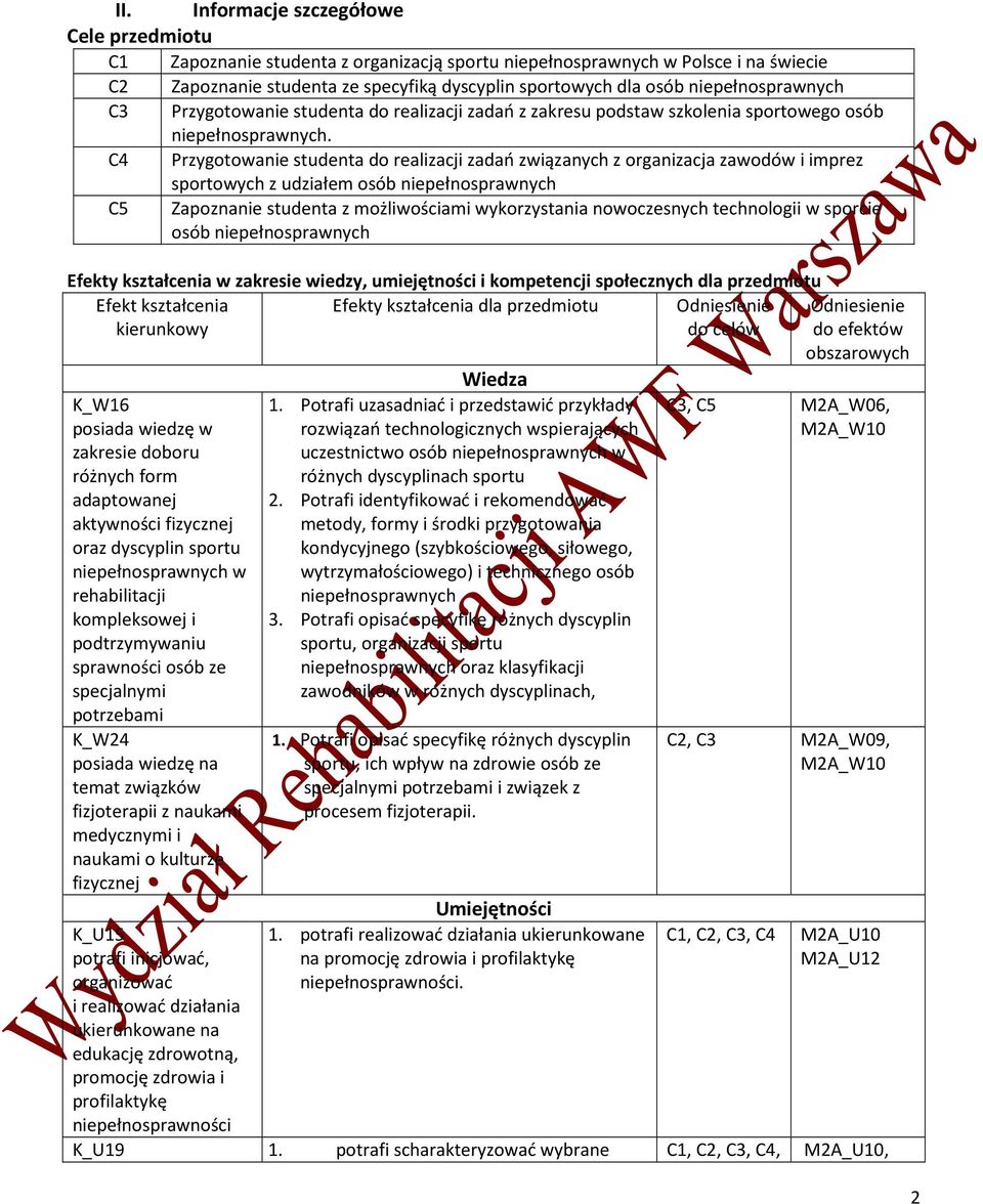 sportowych z udziałem osób niepełnosprawnych C5 Zapoznanie studenta z możliwościami wykorzystania nowoczesnych technologii w sporcie osób niepełnosprawnych Efekty kształcenia w zakresie wiedzy,