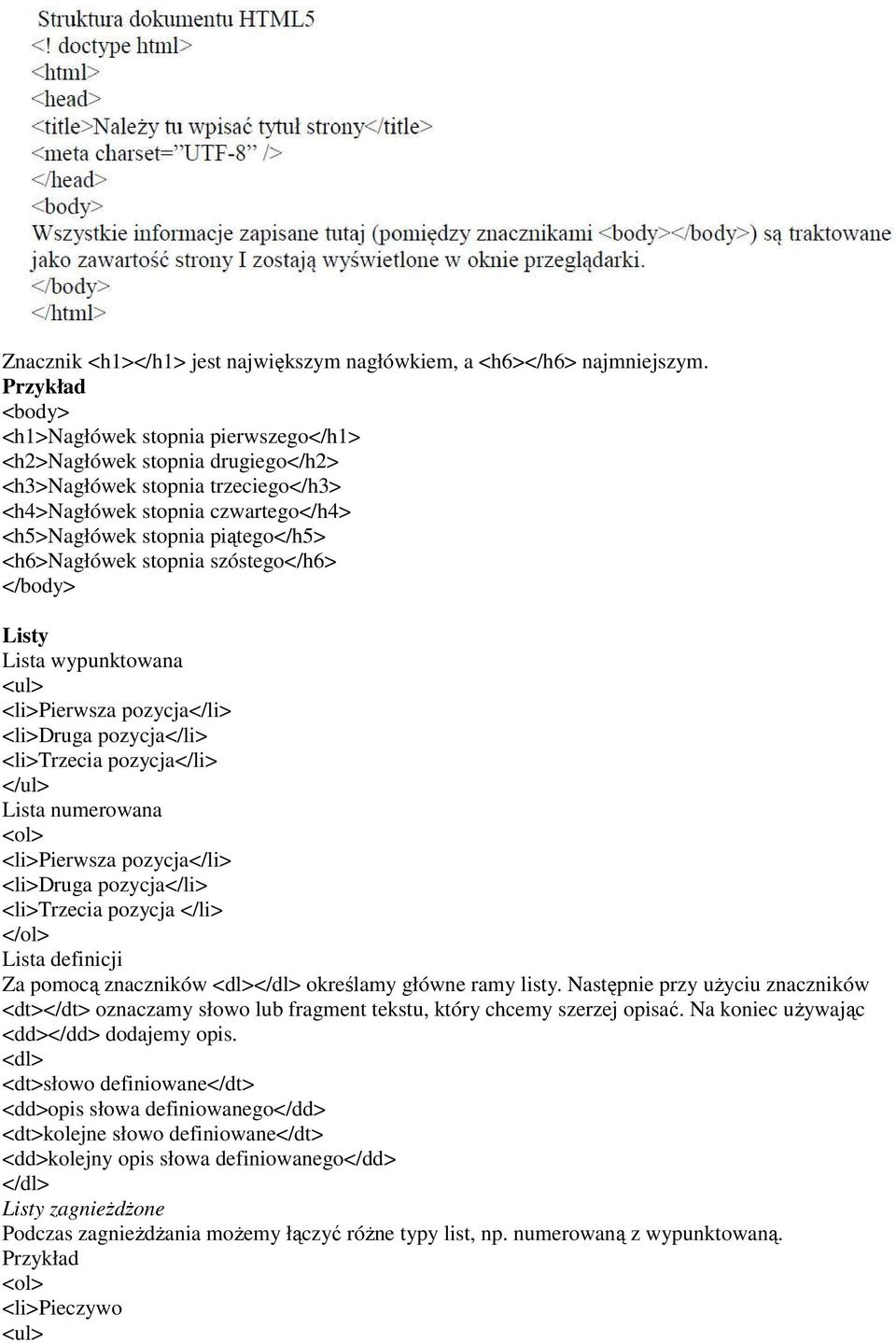 <h6>nagłówek stopnia szóstego</h6> </body> Listy Lista wypunktowana <li>pierwsza pozycja <li>druga pozycja <li>trzecia pozycja Lista numerowana <ol> <li>pierwsza pozycja <li>druga pozycja <li>trzecia