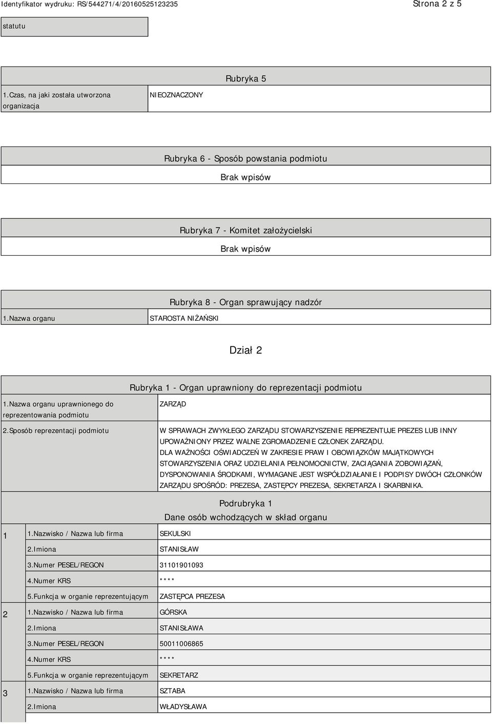 Sposób reprezentacji podmiotu ZARZĄD W SPRAWACH ZWYKŁEGO ZARZĄDU STOWARZYSZENIE REPREZENTUJE PREZES LUB INNY UPOWAŻNIONY PRZEZ WALNE ZGROMADZENIE CZŁONEK ZARZĄDU.