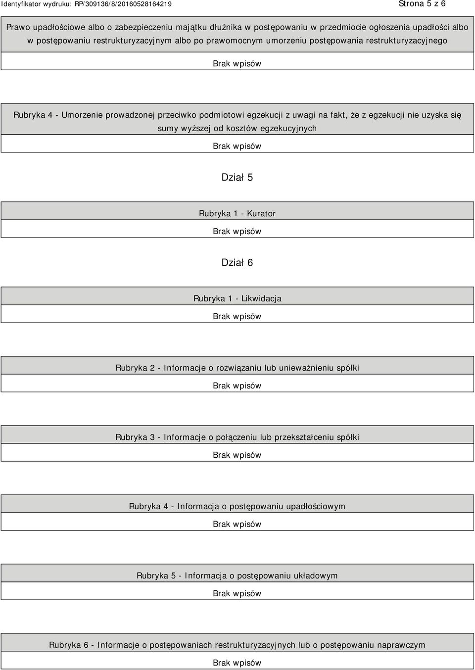 egzekucyjnych Dział 5 Rubryka 1 - Kurator Dział 6 Rubryka 1 - Likwidacja Rubryka 2 - Informacje o rozwiązaniu lub unieważnieniu spółki Rubryka 3 - Informacje o połączeniu lub