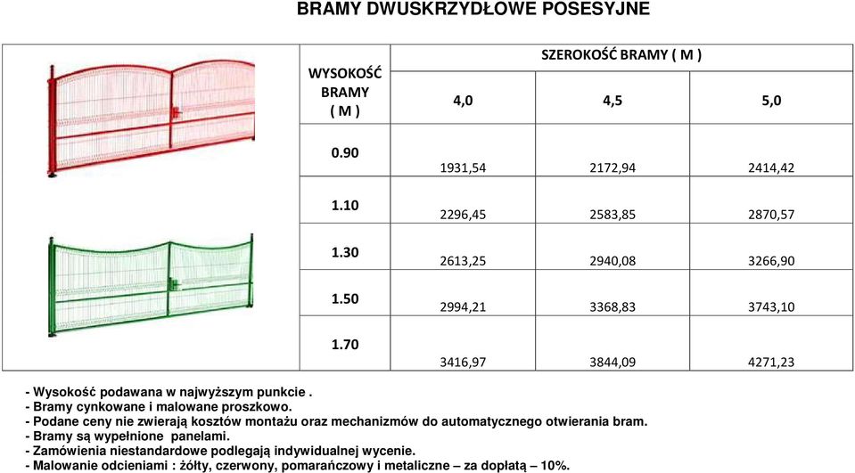 3416,97 3844,09 4271,23 - Bramy cynkowane i malowane proszkowo.