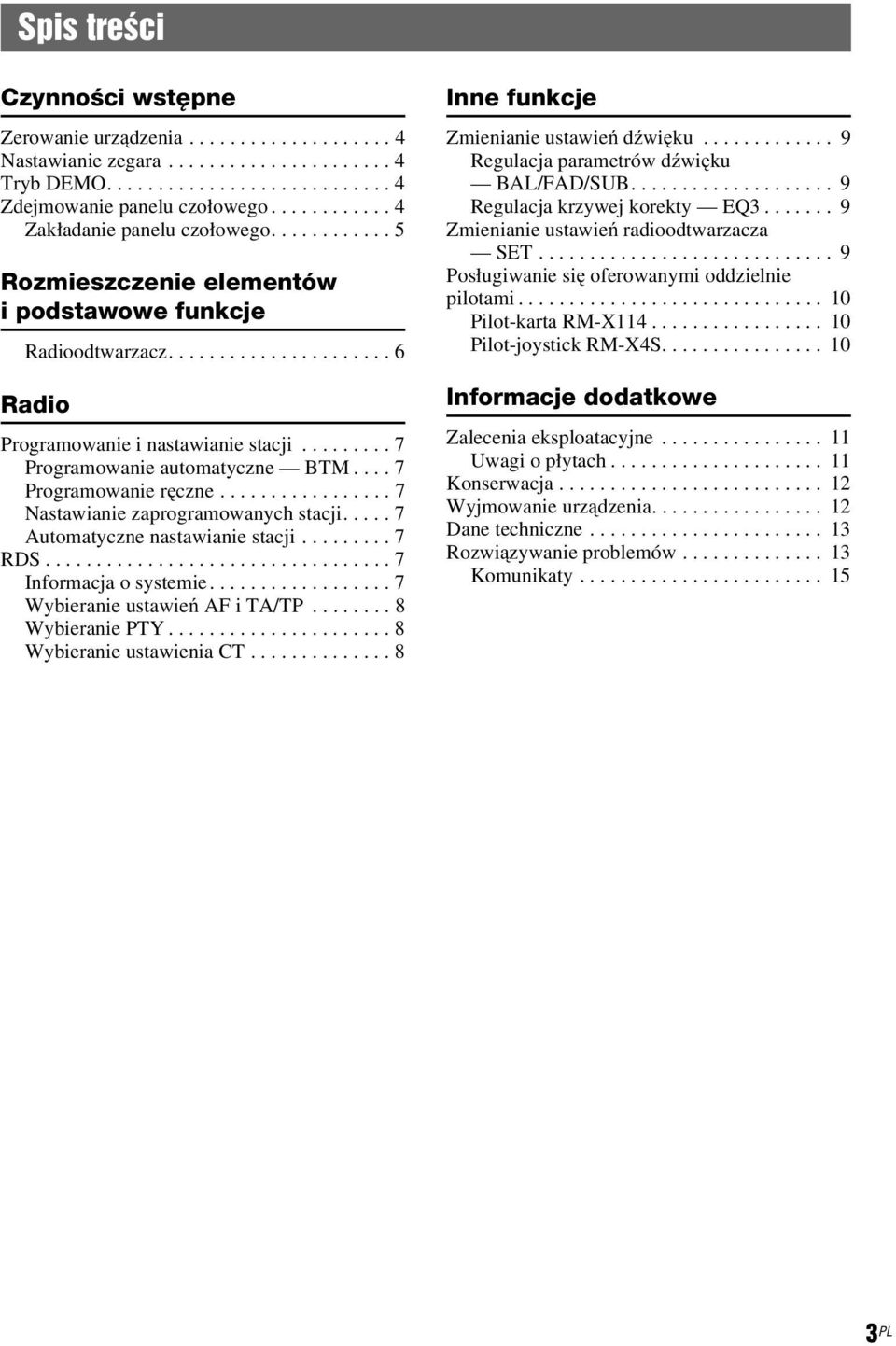 ........ 7 Programowanie automatyczne BTM.... 7 Programowanie ręczne................. 7 Nastawianie zaprogramowanych stacji..... 7 Automatyczne nastawianie stacji......... 7 RDS.