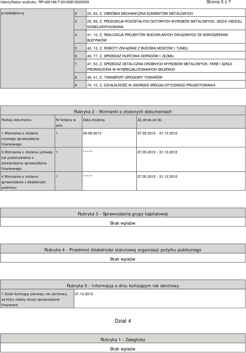 WYROBÓW METALOWYCH, FARB I SZKŁA PROWADZONA W WYSPECJALIZOWANYCH SKLEPACH 8 49, 41, Z, TRANSPORT DROGOWY TOWARÓW 9 74, 10, Z, DZIAŁALNOŚĆ W ZAKRESIE SPECJALISTYCZNEGO PROJEKTOWANIA Rubryka 2 -