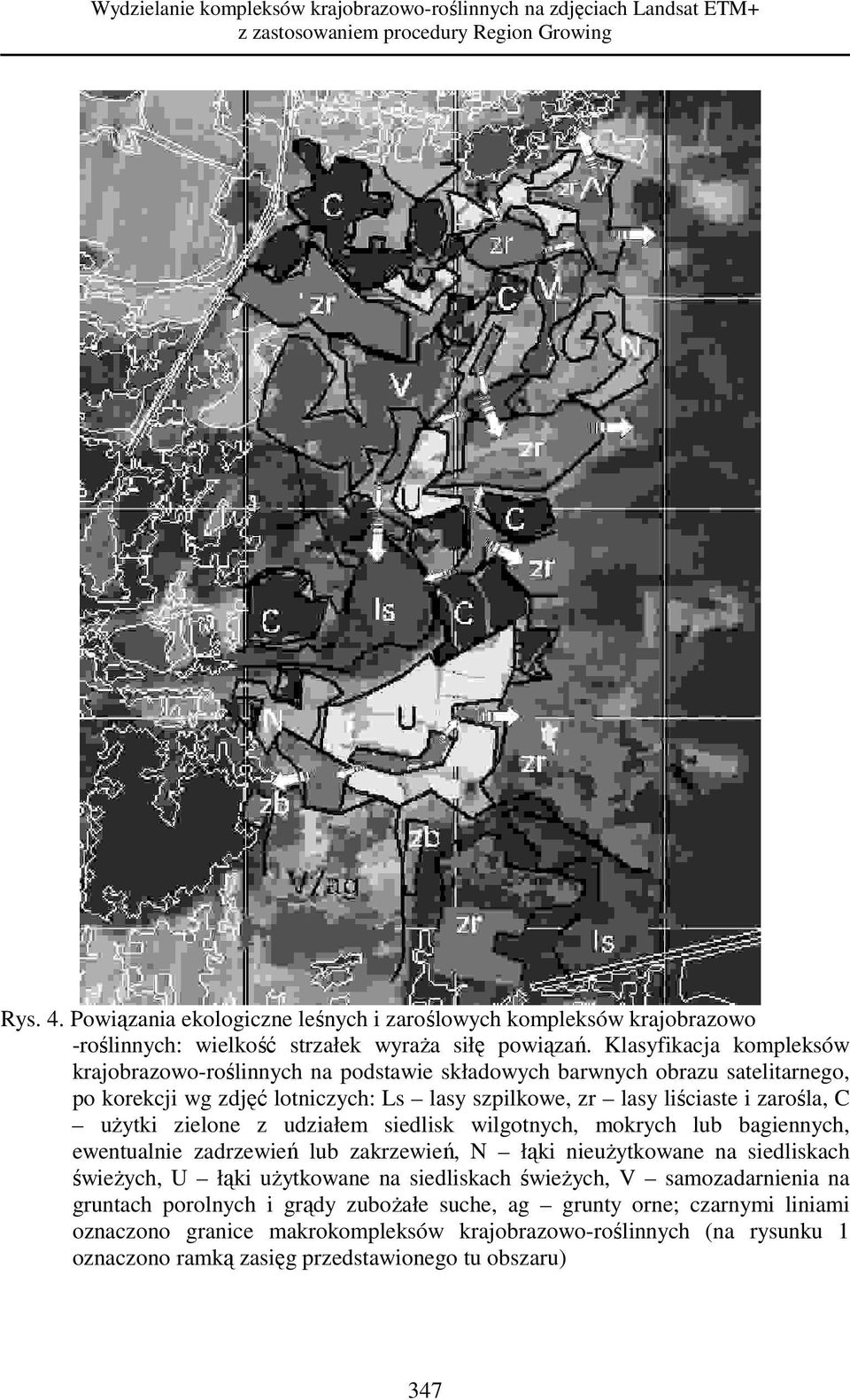 Klasyfikacja kompleksów krajobrazowo-roślinnych na podstawie składowych barwnych obrazu satelitarnego, po korekcji wg zdjęć lotniczych: Ls lasy szpilkowe, zr lasy liściaste i zarośla, C uŝytki