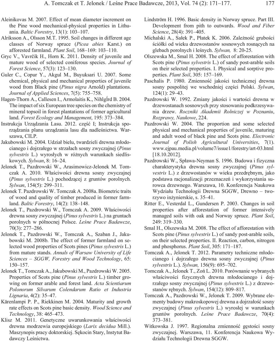 Gryc V., Vavrèik H., Horn K. 2011. Density of juvenile and mature wood of selected coniferous species. Journal of Forest Science, 57(3): 123 130. Guler C., Copur Y., Akgul M., Buyuksari U. 2007.