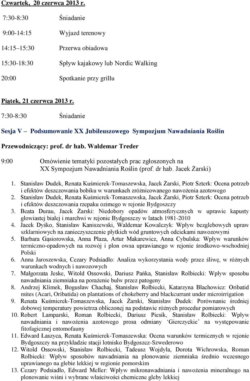 7:30-8:30 Śniadanie Sesja V Podsumowanie XX Jubileuszowego Sympozjum Nawadniania Roślin Przewodniczący: prof. dr hab.