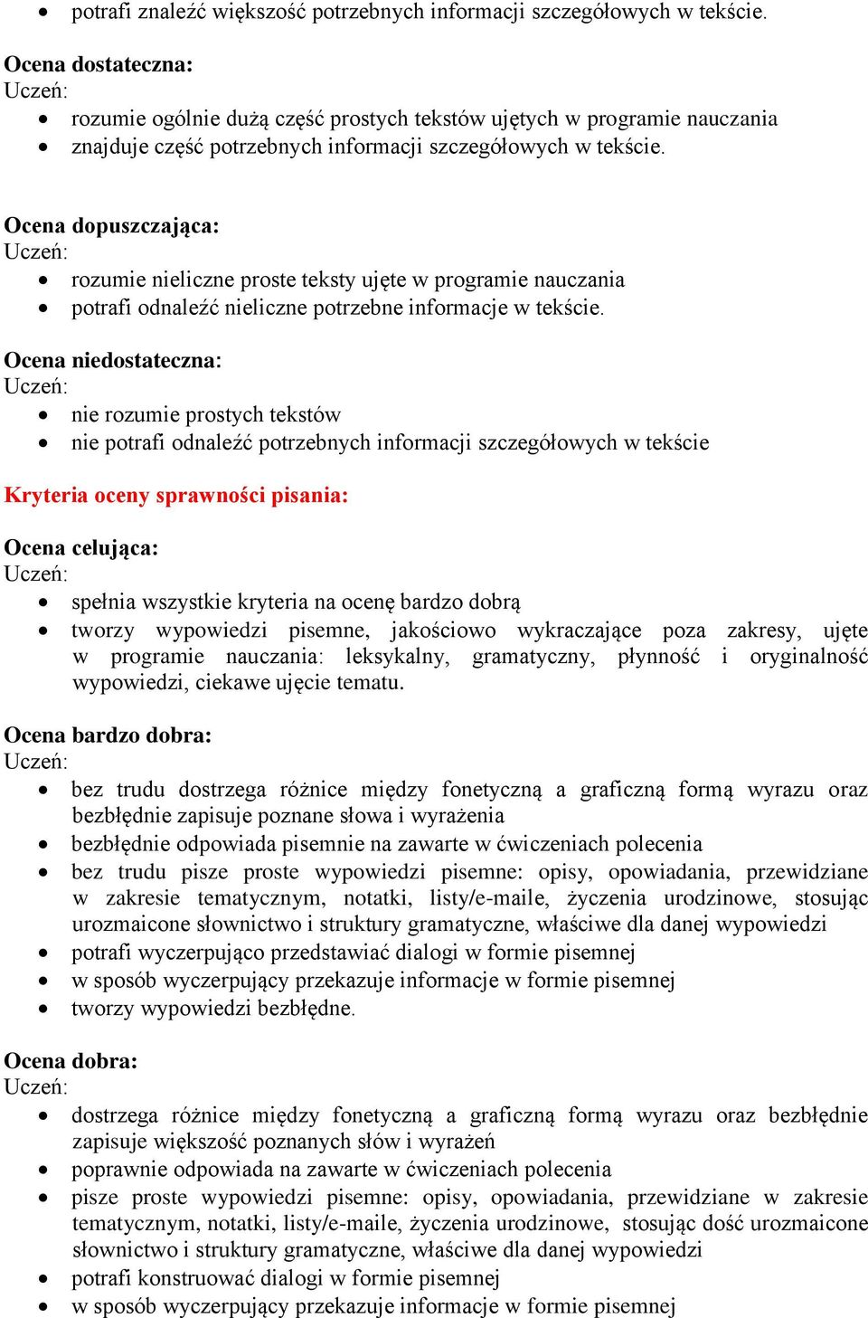 rozumie nieliczne proste teksty ujęte w programie nauczania potrafi odnaleźć nieliczne potrzebne informacje w tekście.