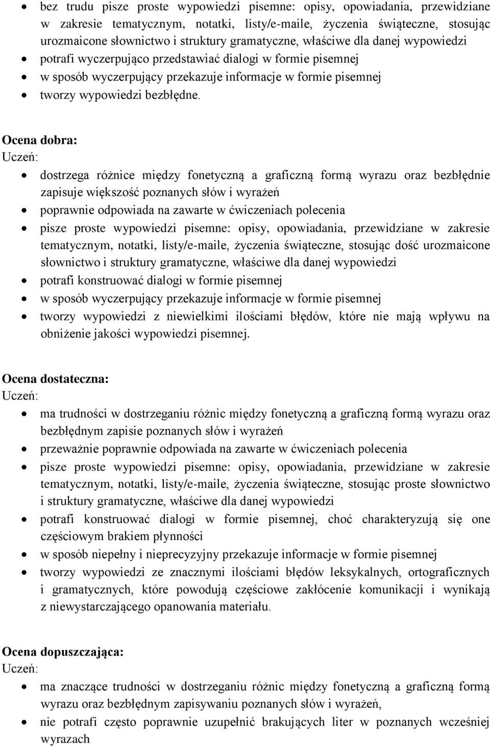 Ocena dobra: dostrzega różnice między fonetyczną a graficzną formą wyrazu oraz bezbłędnie zapisuje większość poznanych słów i wyrażeń poprawnie odpowiada na zawarte w ćwiczeniach polecenia pisze