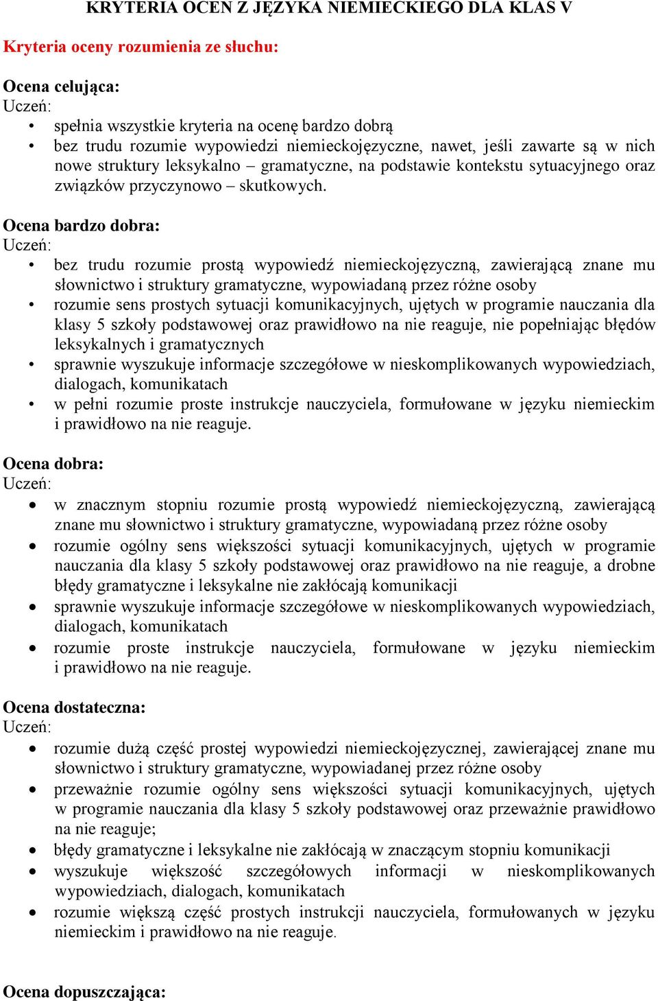 bez trudu rozumie prostą wypowiedź niemieckojęzyczną, zawierającą znane mu słownictwo i struktury gramatyczne, wypowiadaną przez różne osoby rozumie sens prostych sytuacji komunikacyjnych, ujętych w