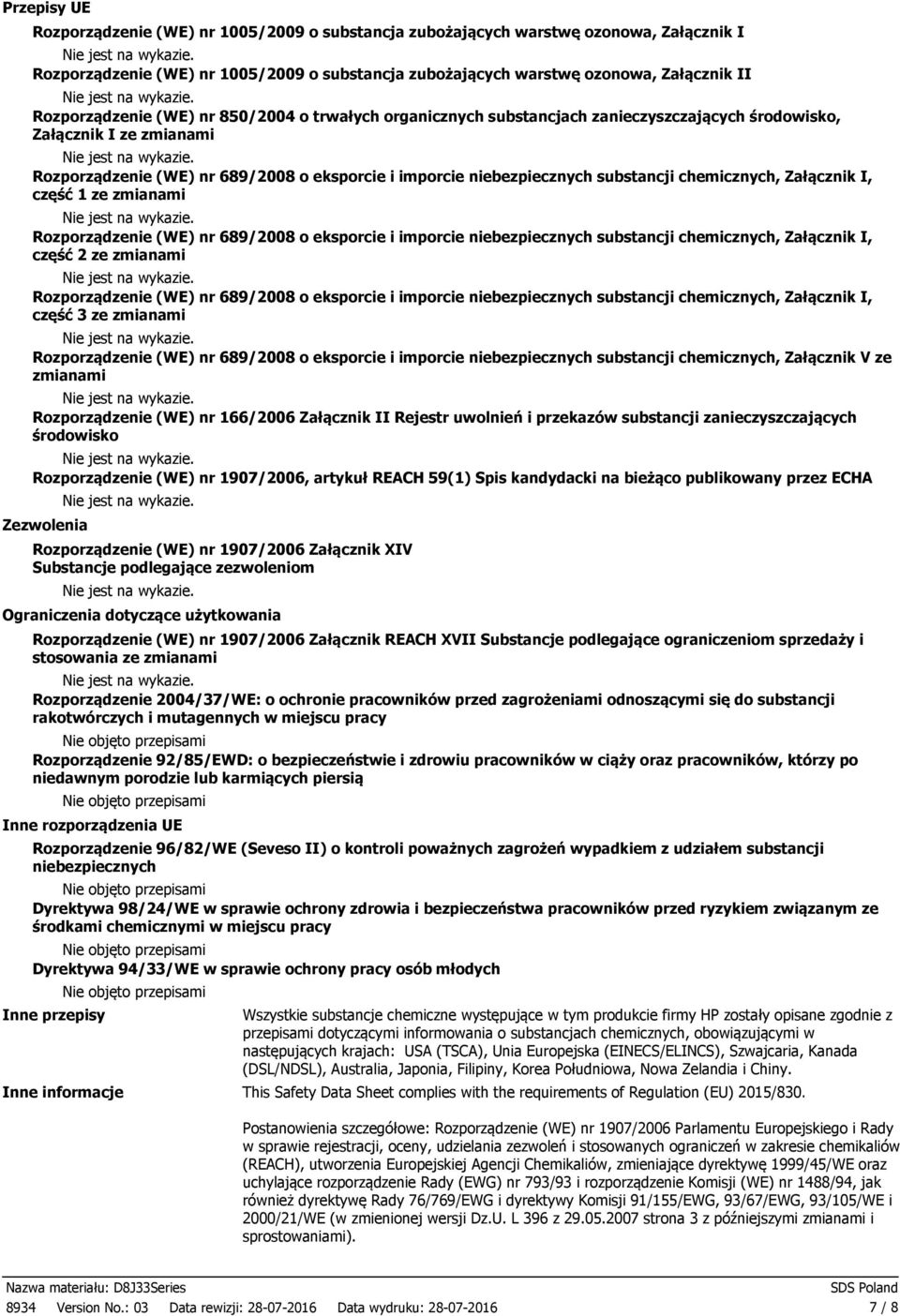 substancji chemicznych, Załącznik I, część 1 ze zmianami Rozporządzenie (WE) nr 689/2008 o eksporcie i imporcie niebezpiecznych substancji chemicznych, Załącznik I, część 2 ze zmianami Rozporządzenie