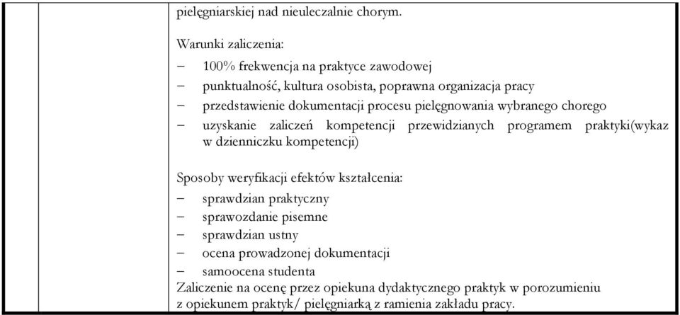 procesu pielęgnowania wybranego chorego uzyskanie zaliczeń kompetencji przewidzianych programem praktyki(wykaz w dzienniczku kompetencji) Sposoby