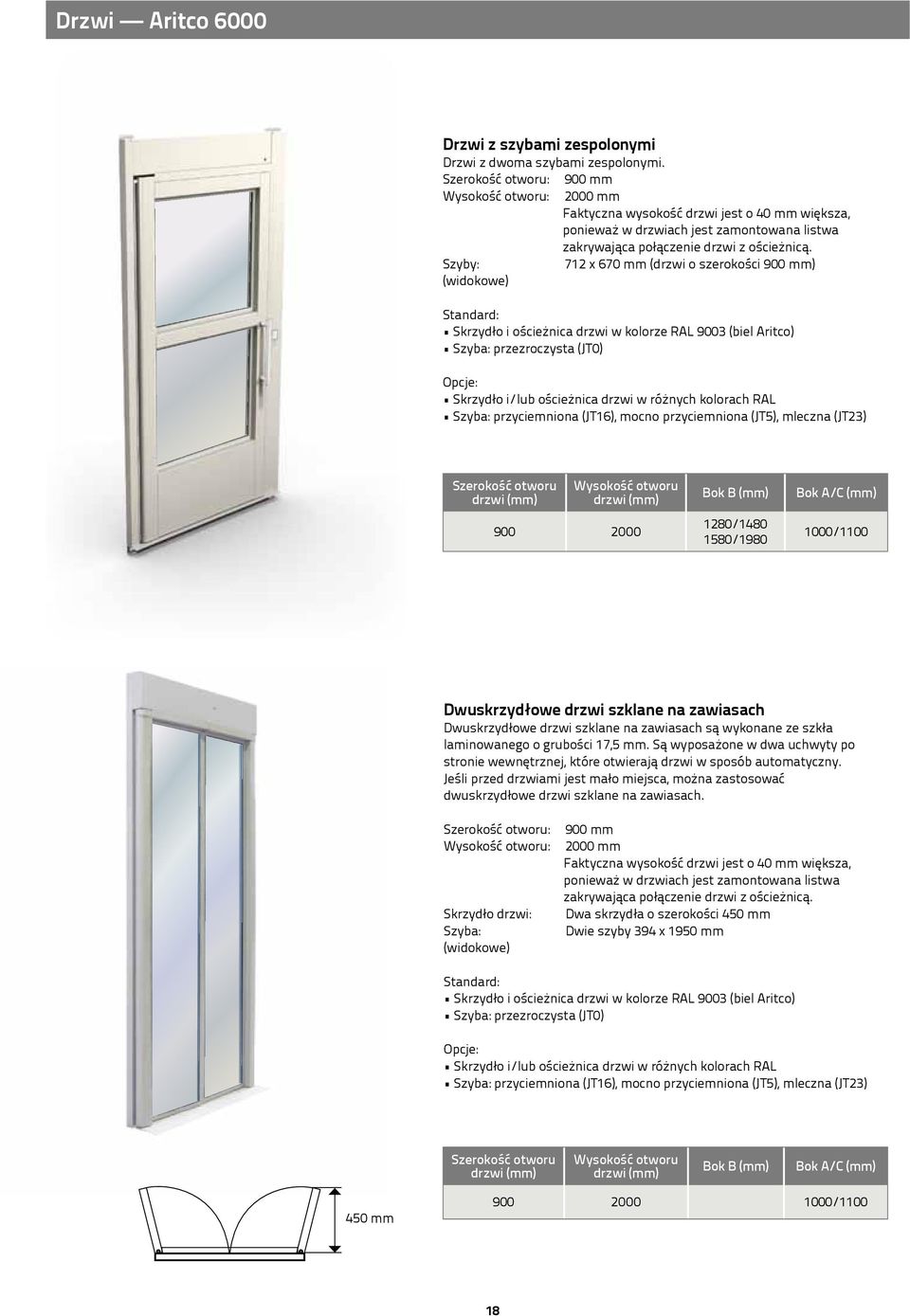 Szyby: 712 x 670 mm (drzwi o szerokości 900 mm) (widokowe) Standard: Skrzydło i ościeżnica drzwi w kolorze RAL 9003 (biel Aritco) Szyba: przezroczysta (JT0) Opcje: Skrzydło i/lub ościeżnica drzwi w