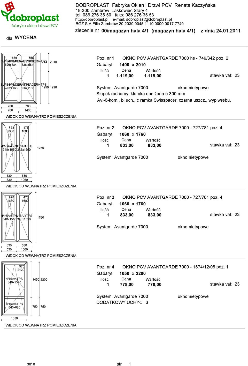 nr 2 OKNO PCV AVANTGARDE 7000-727/781 poz. 4 Gabaryt 1060 x 1760 1 833,00 833,00 Poz.