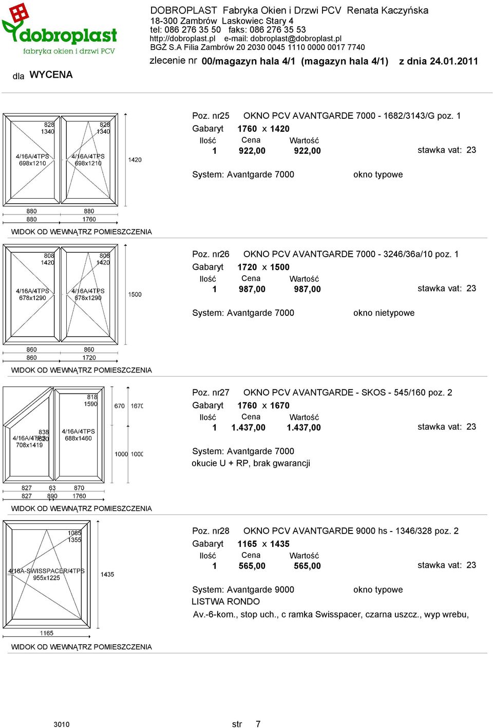 nr27 OKNO PCV AVANTGARDE - SKOS - 545/160 poz. 2 Gabaryt 1760 x 1670 1 1.437,00 1.437,00 okucie U + RP, brak gwarancji Poz.