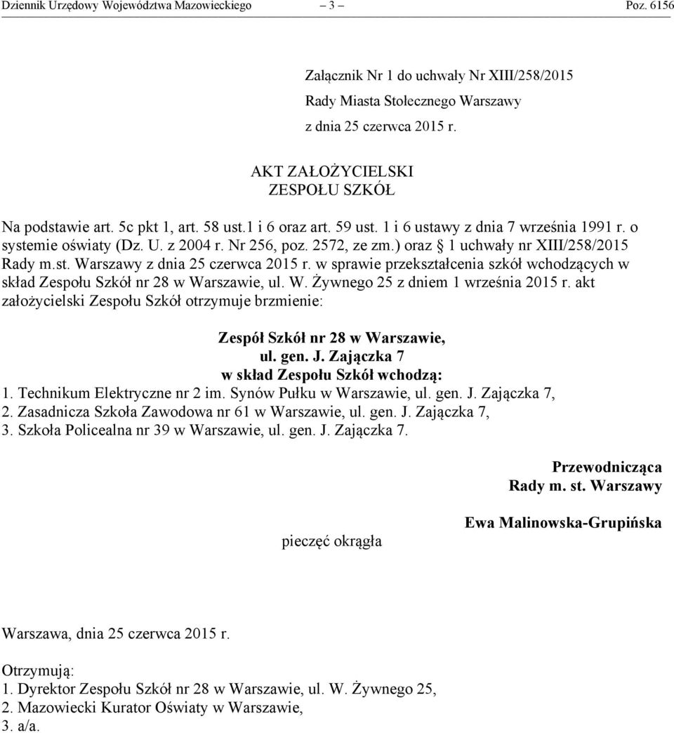 Warszawie, ul. gen. J. Zajączka 7 w skład Zespołu Szkół wchodzą: 1. Technikum Elektryczne nr 2 im. Synów Pułku w Warszawie, ul. gen. J. Zajączka 7, 2.