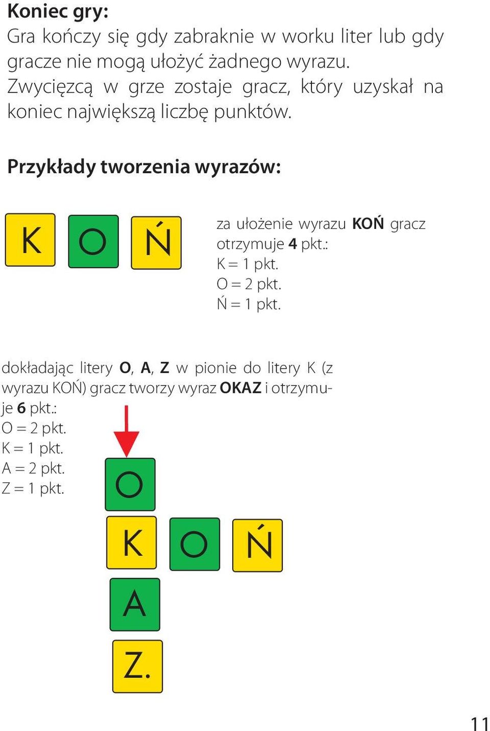 Przykłady tworzenia wyrazów: K Ń za ułożenie wyrazu KŃ gracz otrzymuje 4 pkt.: K = 1 pkt. = 2 pkt. Ń = 1 pkt.