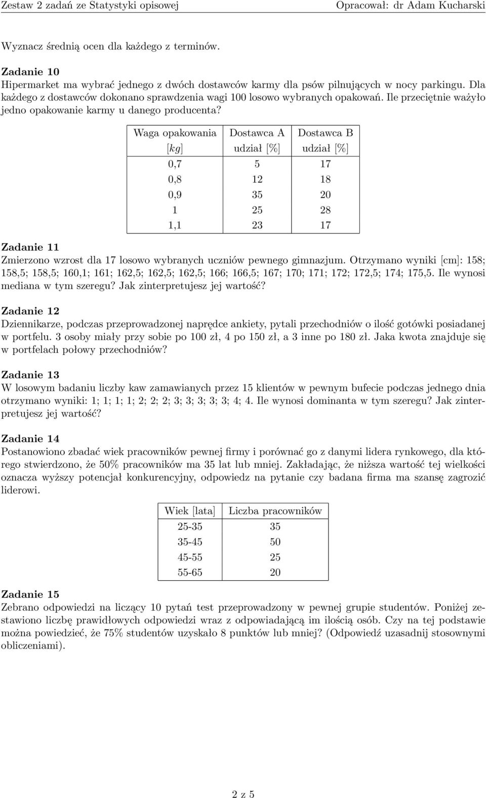 Waga opakowania Dostawca A Dostawca B [kg] udział [%] udział [%] 0,7 5 17 0,8 12 18 0,9 35 20 1 25 28 1,1 23 17 Zadanie 11 Zmierzono wzrost dla 17 losowo wybranych uczniów pewnego gimnazjum.
