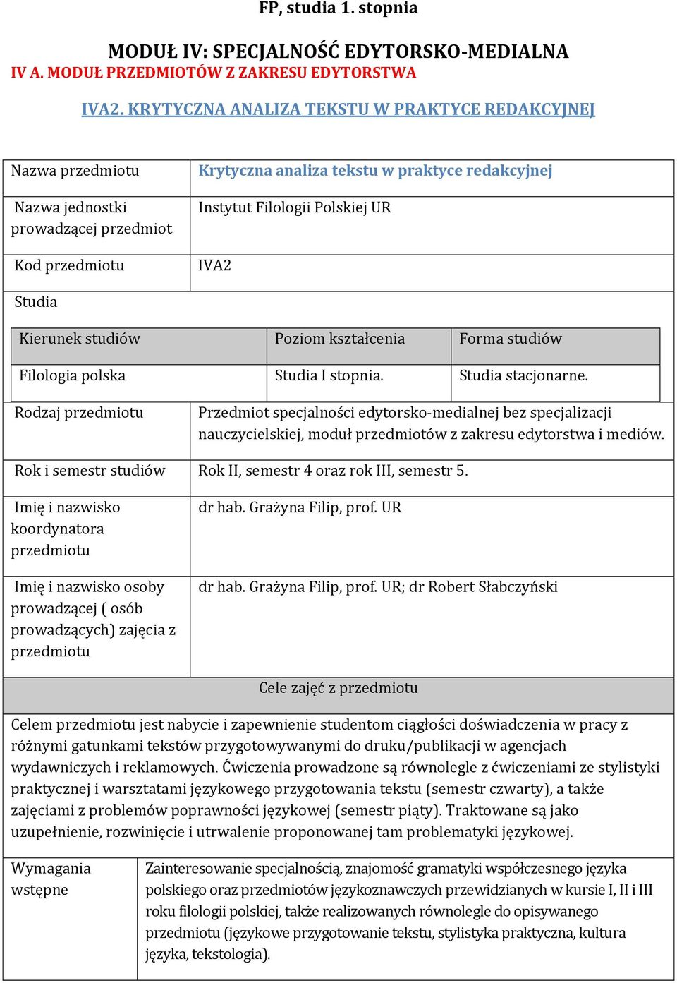 IVA2 Studia Kierunek studiów Poziom kształcenia Forma studiów Filologia polska Studia I stopnia. Studia stacjonarne.