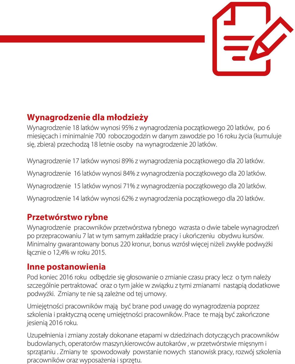 Wynagrodzenie 16 latków wynosi 84% z wynagrodzenia początkowego dla 20 latków. Wynagrodzenie 15 latków wynosi 71% z wynagrodzenia początkowego dla 20 latków.