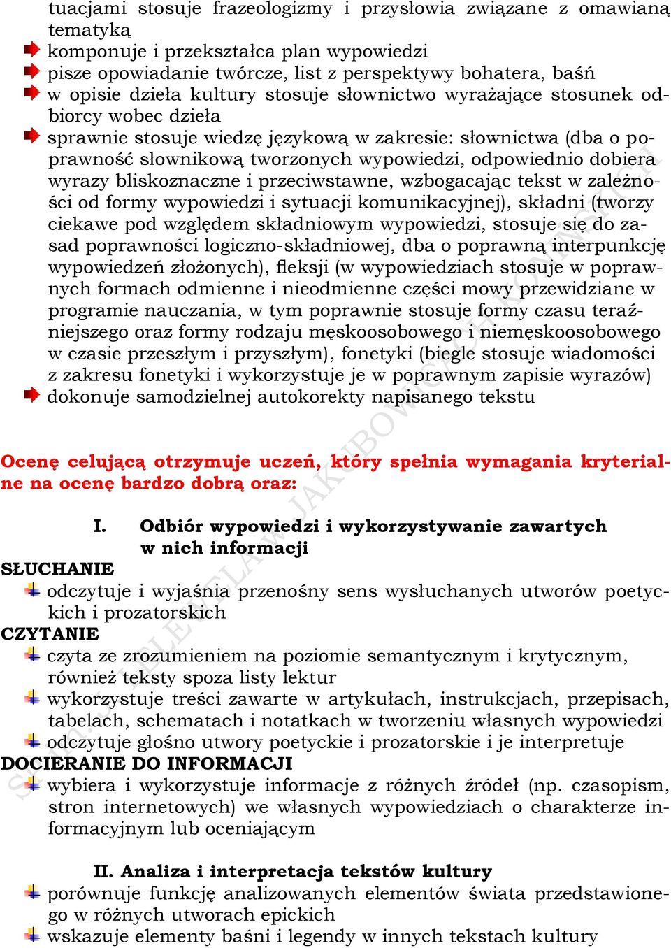 bliskoznaczne i przeciwstawne, wzbogacając tekst w zależności od formy wypowiedzi i sytuacji komunikacyjnej), składni (tworzy ciekawe pod względem składniowym wypowiedzi, stosuje się do zasad