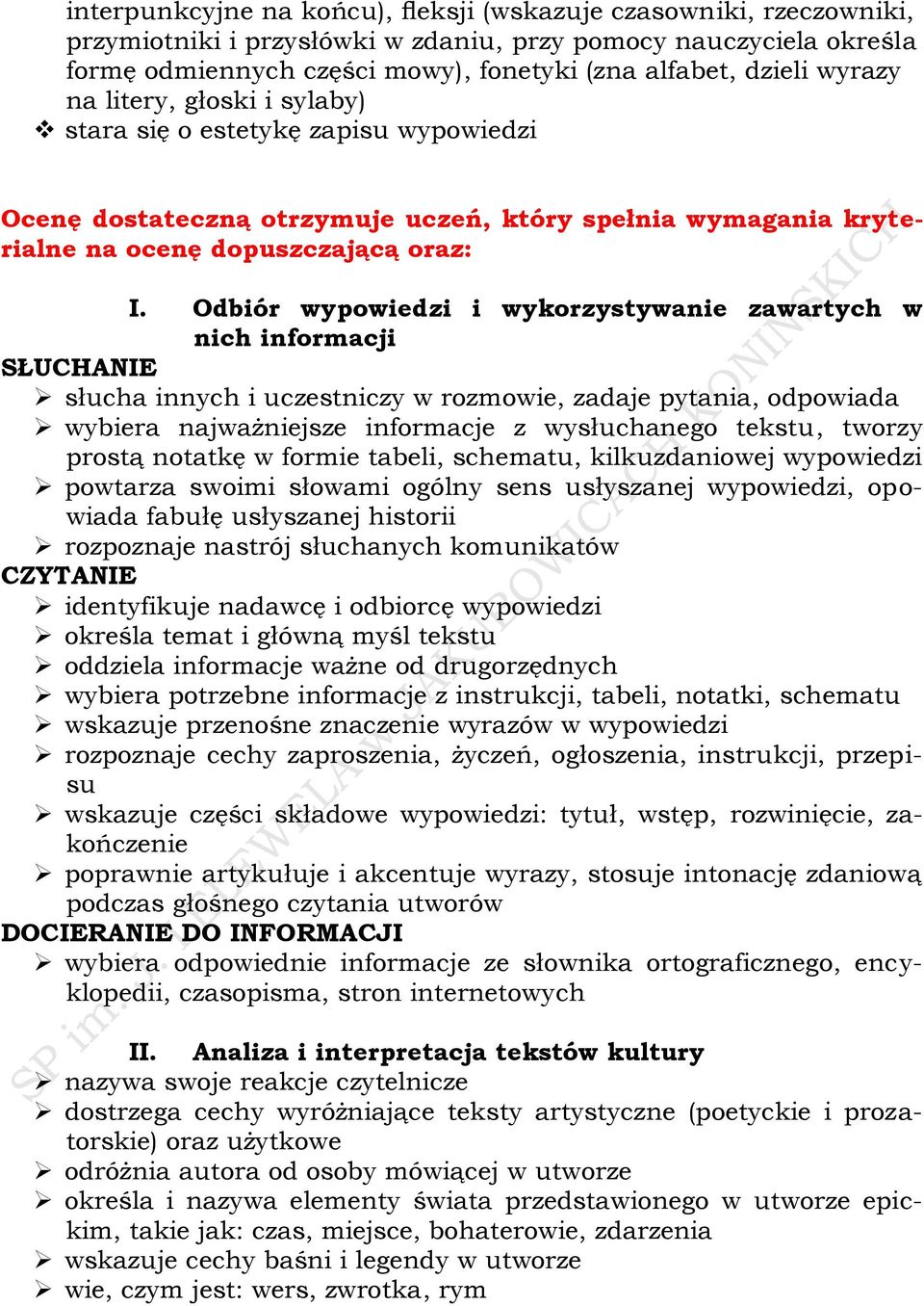 Odbiór wypowiedzi i wykorzystywanie zawartych w nich informacji SŁUCHANIE słucha innych i uczestniczy w rozmowie, zadaje pytania, odpowiada wybiera najważniejsze informacje z wysłuchanego tekstu,