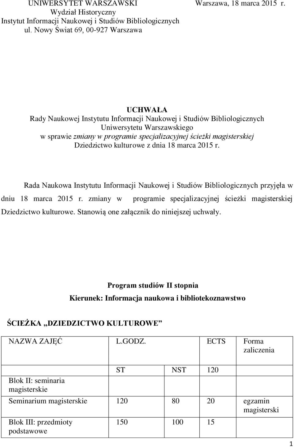 Dziedzictwo kulturowe z dnia 18 marca 2015 r. Rada Naukowa Instytutu Informacji Naukowej i Studiów Bibliologicznych przyjęła w dniu 18 marca 2015 r.