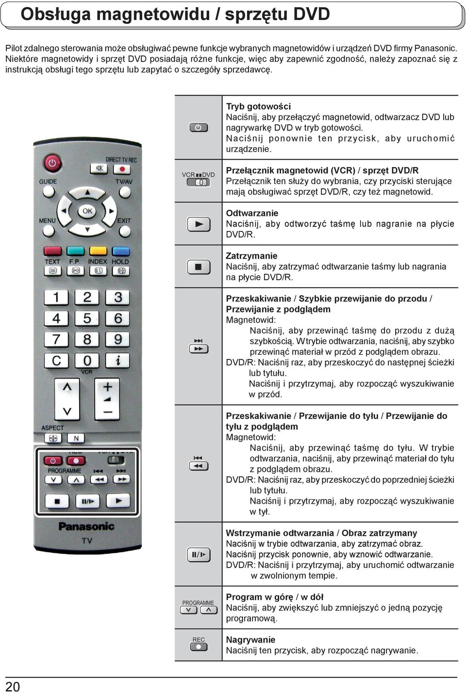 Tryb gotowości Naciśnij, aby przełączyć magnetowid, odtwarzacz DVD lub nagrywarkę DVD w tryb gotowości. Naciśnij ponownie ten przycisk, aby uruchomić urządzenie.