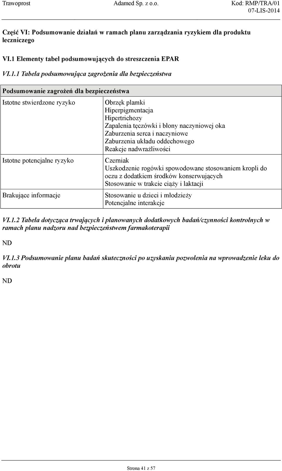 1 Tabela podsumowująca zagrożenia dla bezpieczeństwa Podsumowanie zagrożeń dla bezpieczeństwa Istotne stwierdzone ryzyko Istotne potencjalne ryzyko Brakujące informacje Obrzęk plamki Hiperpigmentacja