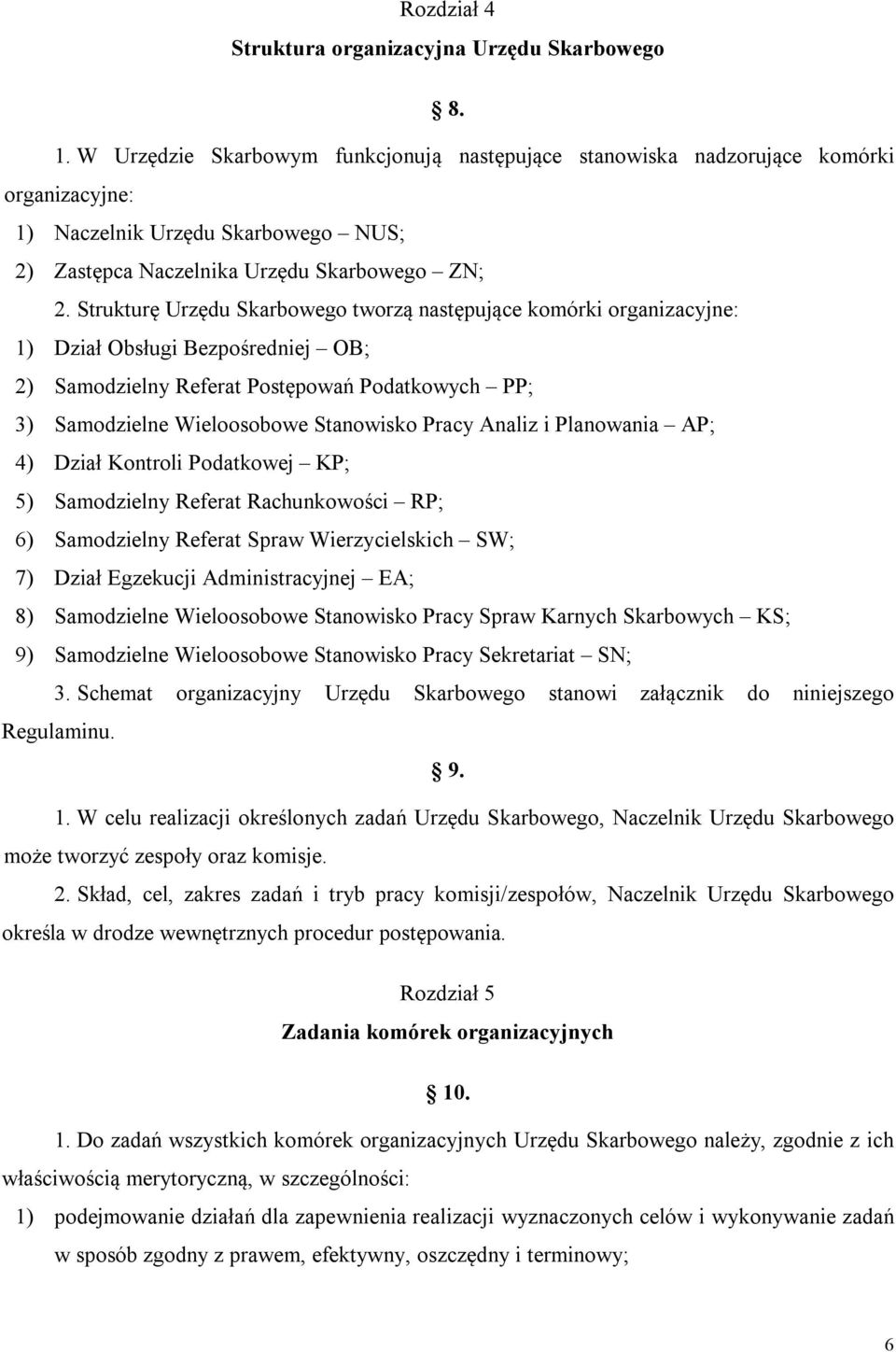 Strukturę Urzędu Skarbowego tworzą następujące komórki organizacyjne: 1) Dział Obsługi Bezpośredniej OB; 2) Samodzielny Referat Postępowań Podatkowych PP; 3) Samodzielne Wieloosobowe Stanowisko Pracy