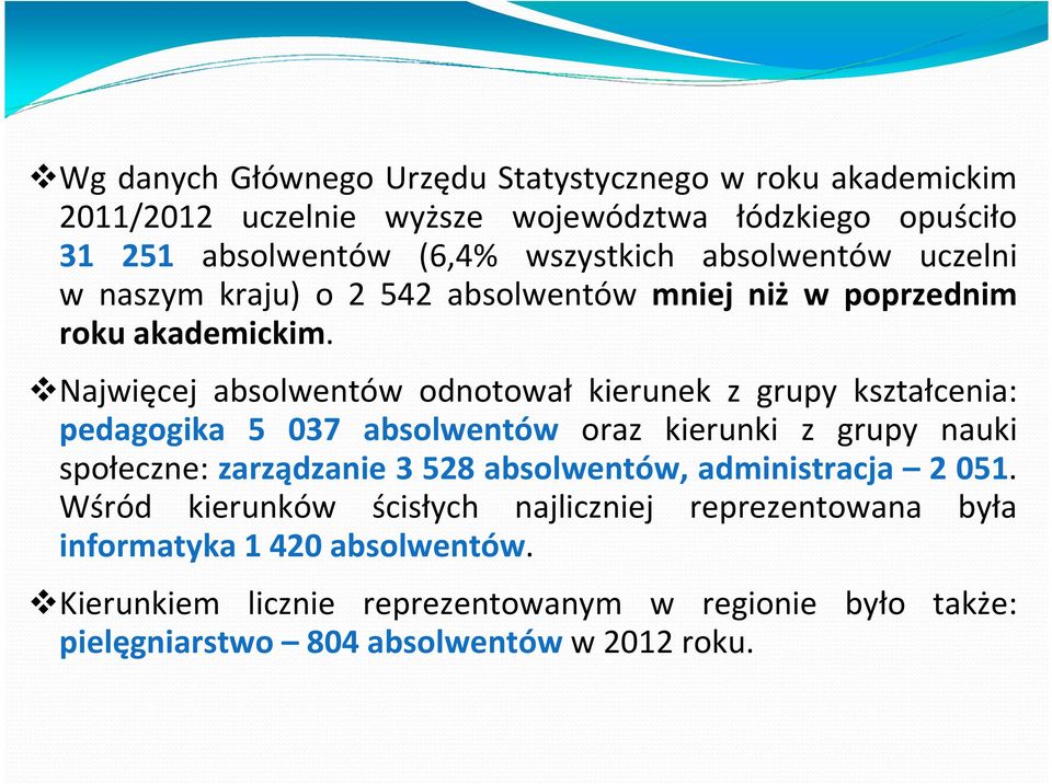 Najwięcej absolwentów odnotował kierunek z grupy kształcenia: pedagogika 5 037 absolwentów oraz kierunki z grupy nauki społeczne: zarządzanie 3 528