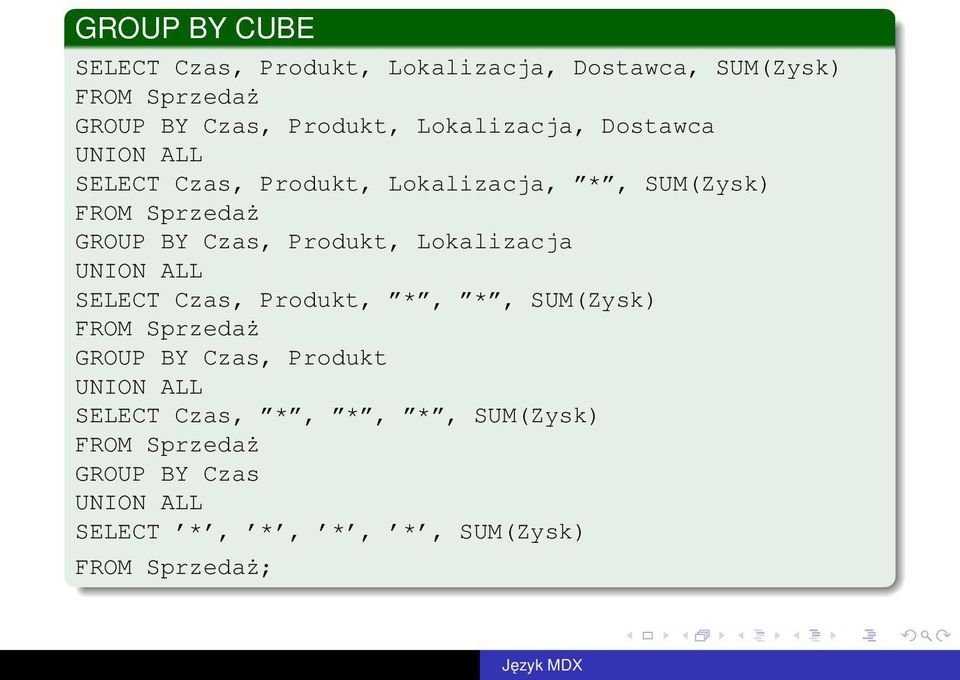 Produkt, Lokalizacja UNION ALL SELECT Czas, Produkt, *, *, SUM(Zysk) FROM Sprzedaż GROUP BY Czas, Produkt UNION