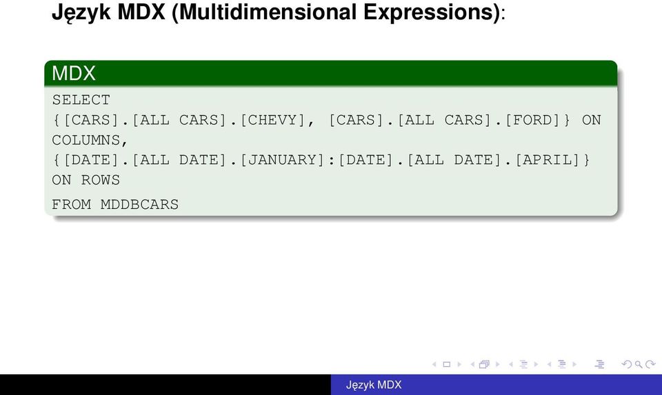 [ALL DATE].[JANUARY]:[DATE].[ALL DATE].[APRIL]} ON ROWS FROM MDDBCARS